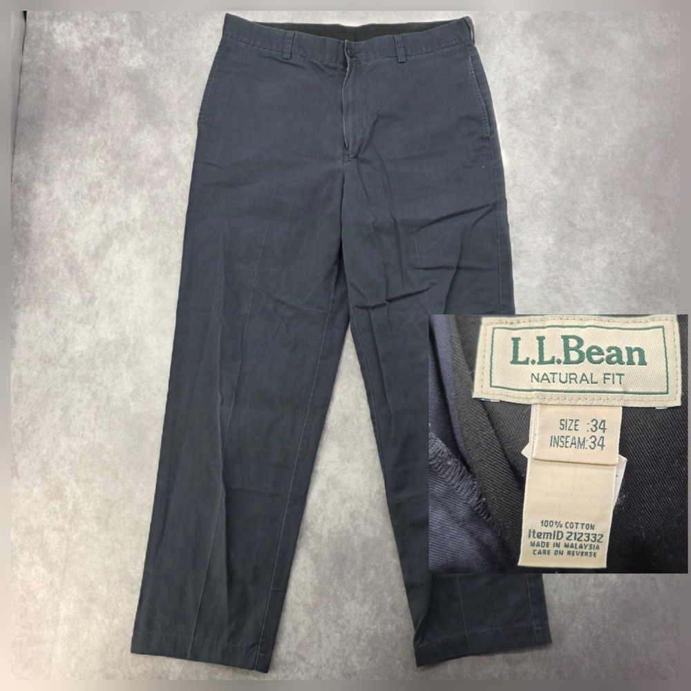 LL Bean Natural Fit Chino Pants Mens 34x34 Navy Blue Straight Leg Fits 36x31